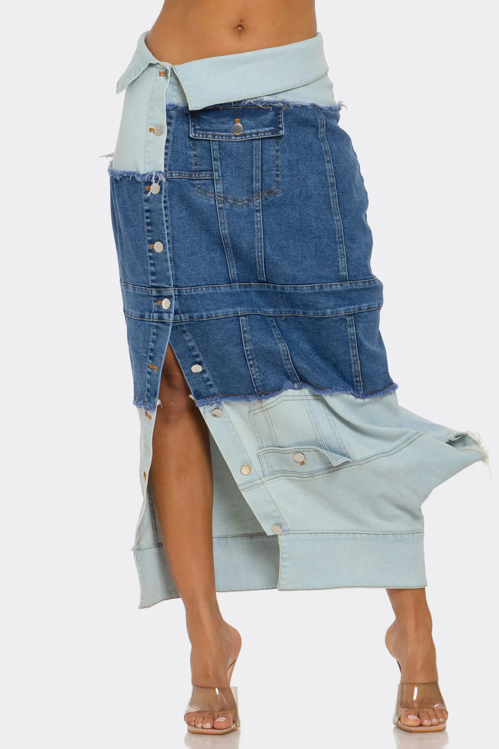 公式【1JINN STUDIO】 Dual-Convertible Denim Skirt 2色 Tone Play- Inverse Two Tone Denim Skirt