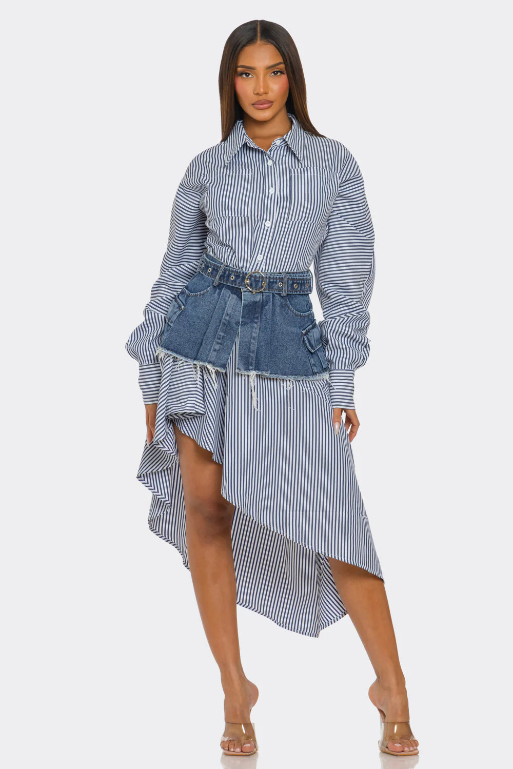Striped Shirt Dress with Denim Peplum Overlay