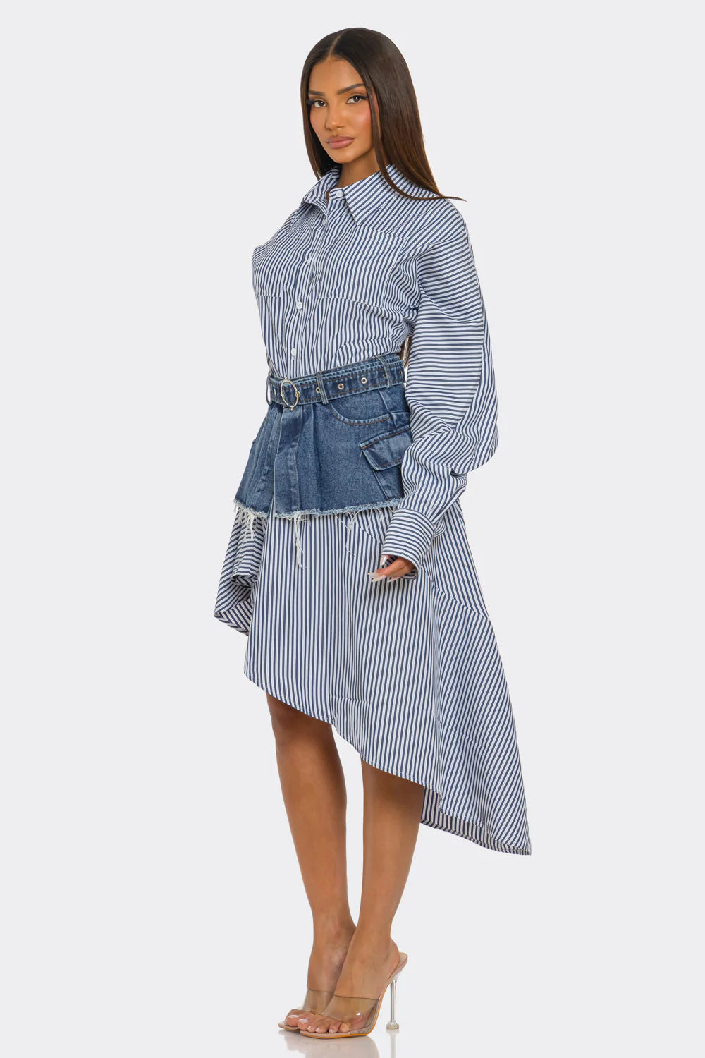 Berry-Denim Stripped Shirt/Dress with Demin Corset