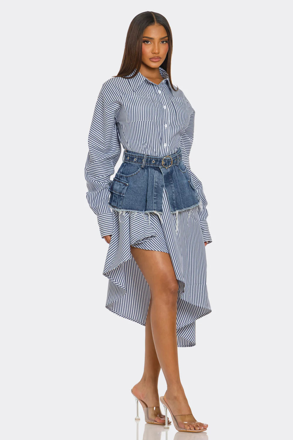Berry-Denim Stripped Shirt/Dress with Demin Corset