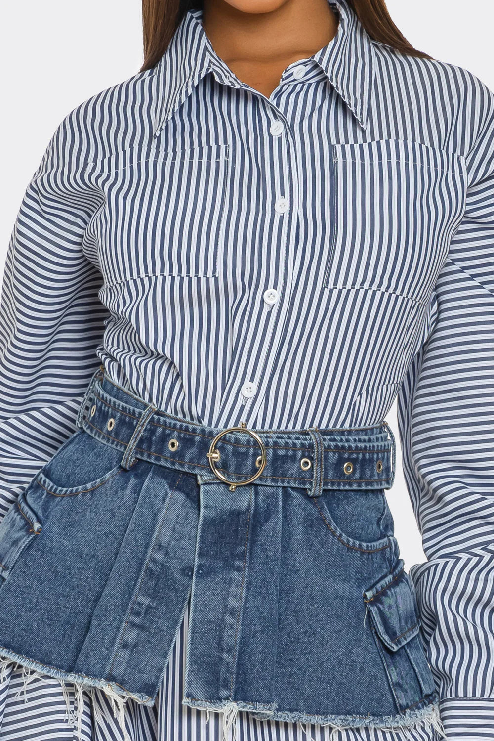 Berry-Denim Stripped Shirt/Dress with Demin Corset