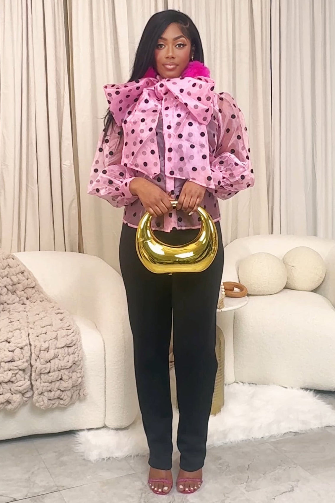 Sheer Pink Polka Dot Oversized Bow Blouse | The Volume