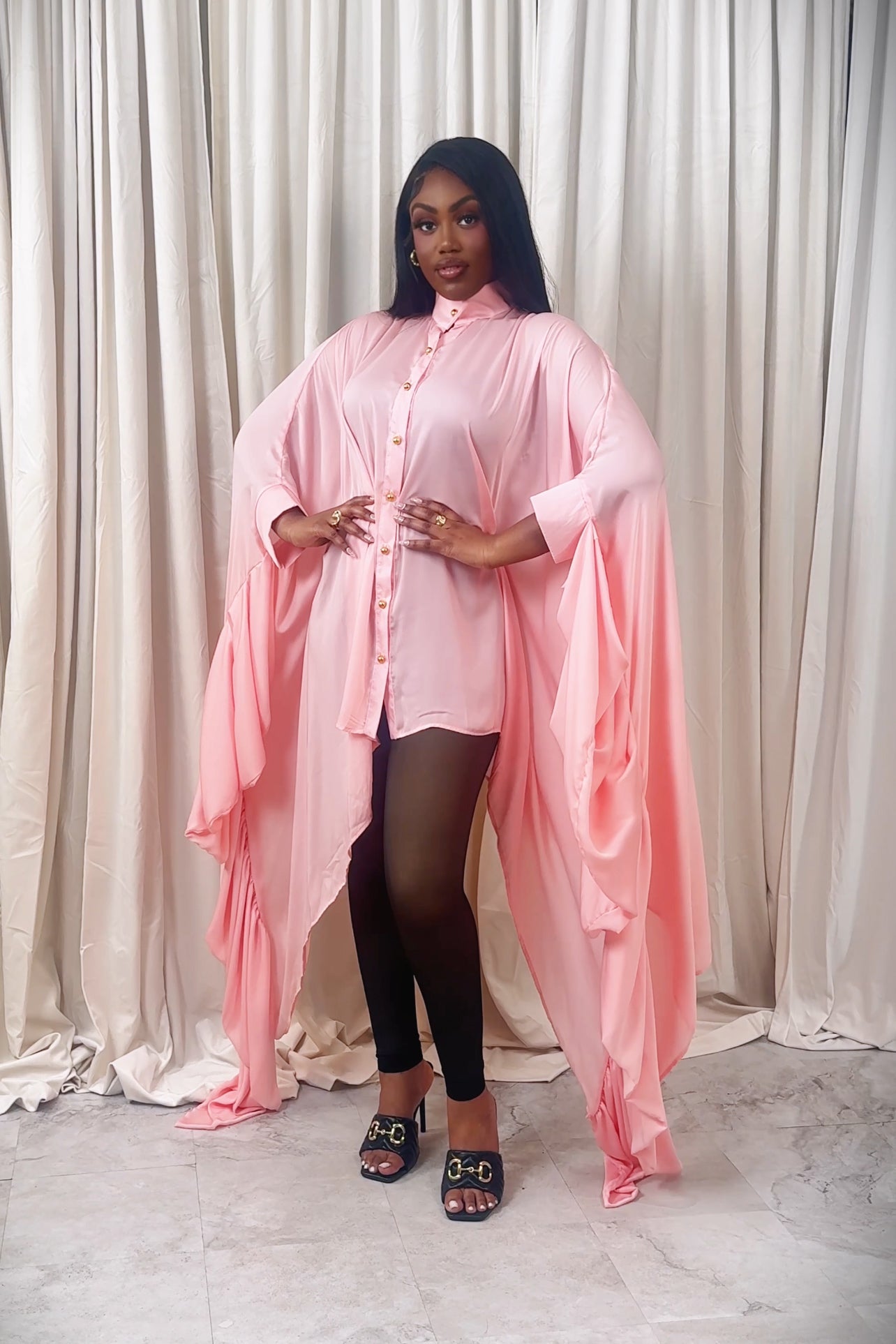 Draped Asymmetrical Cape Sleeve Shirt Dress | Cascade