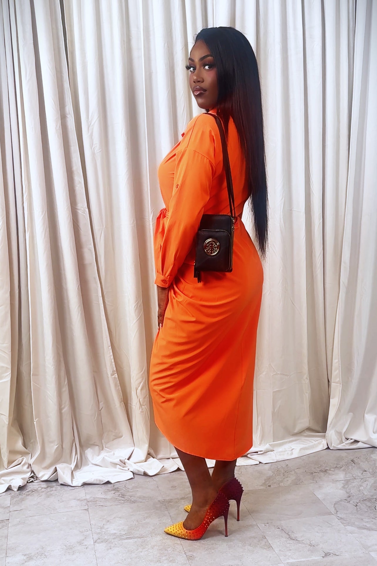 Radiant Orange Ruched Midi Shirt Dress | Eden