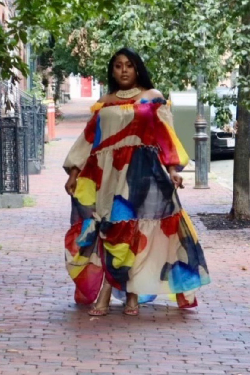 Off-the-shoulder maxi dress | Color Block