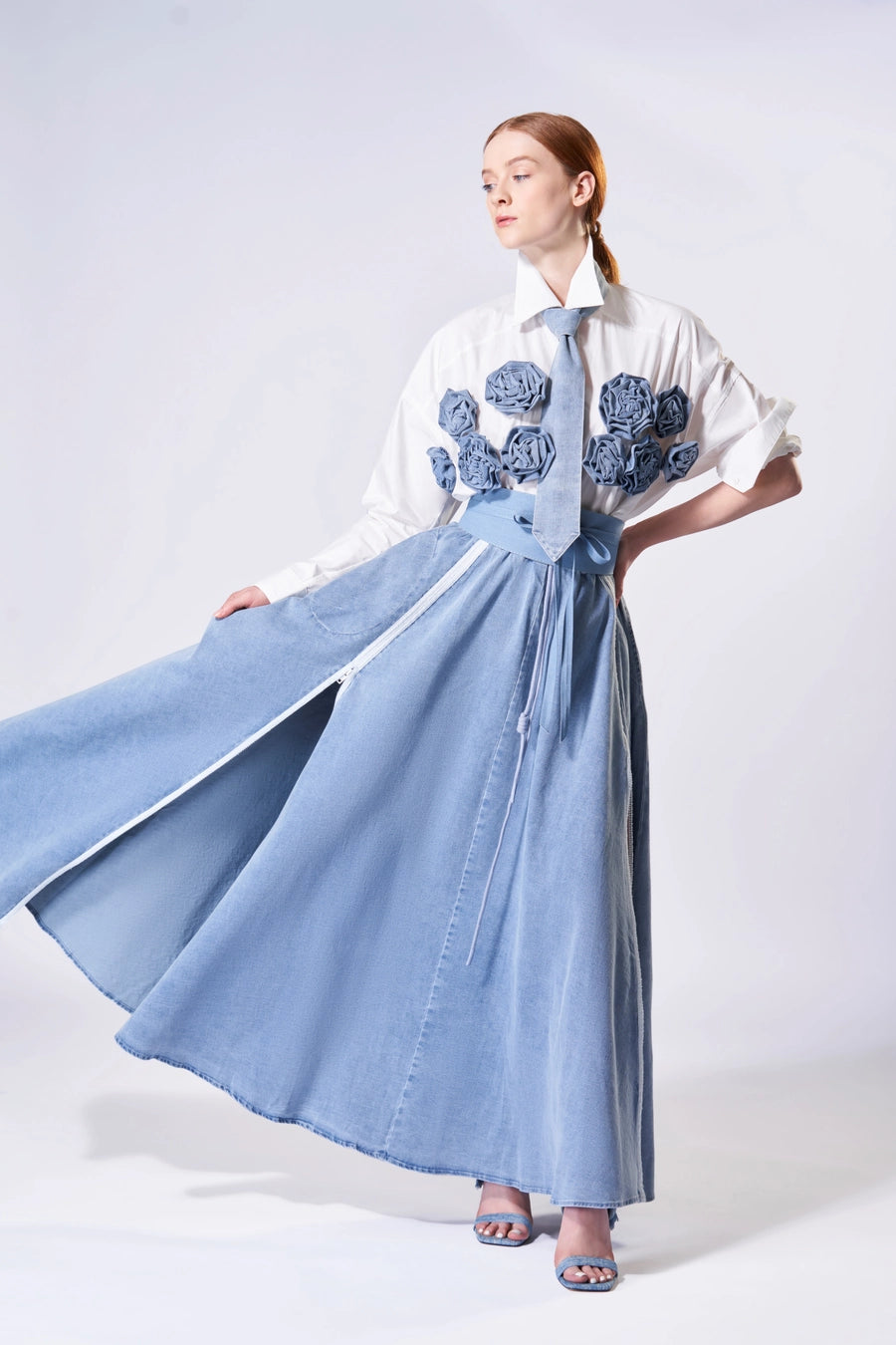 Dual-Zip Denim A-Line Maxi Skirt