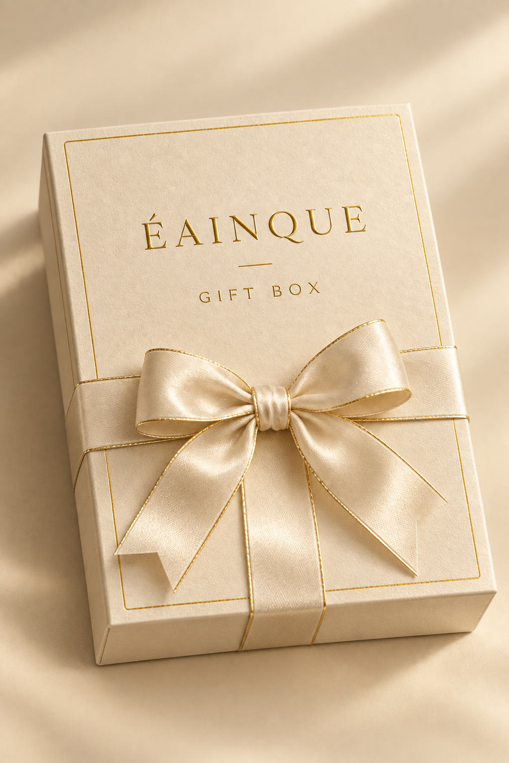 Two ivory Éainque gift cards with gold lettering in a 3D-style studio render