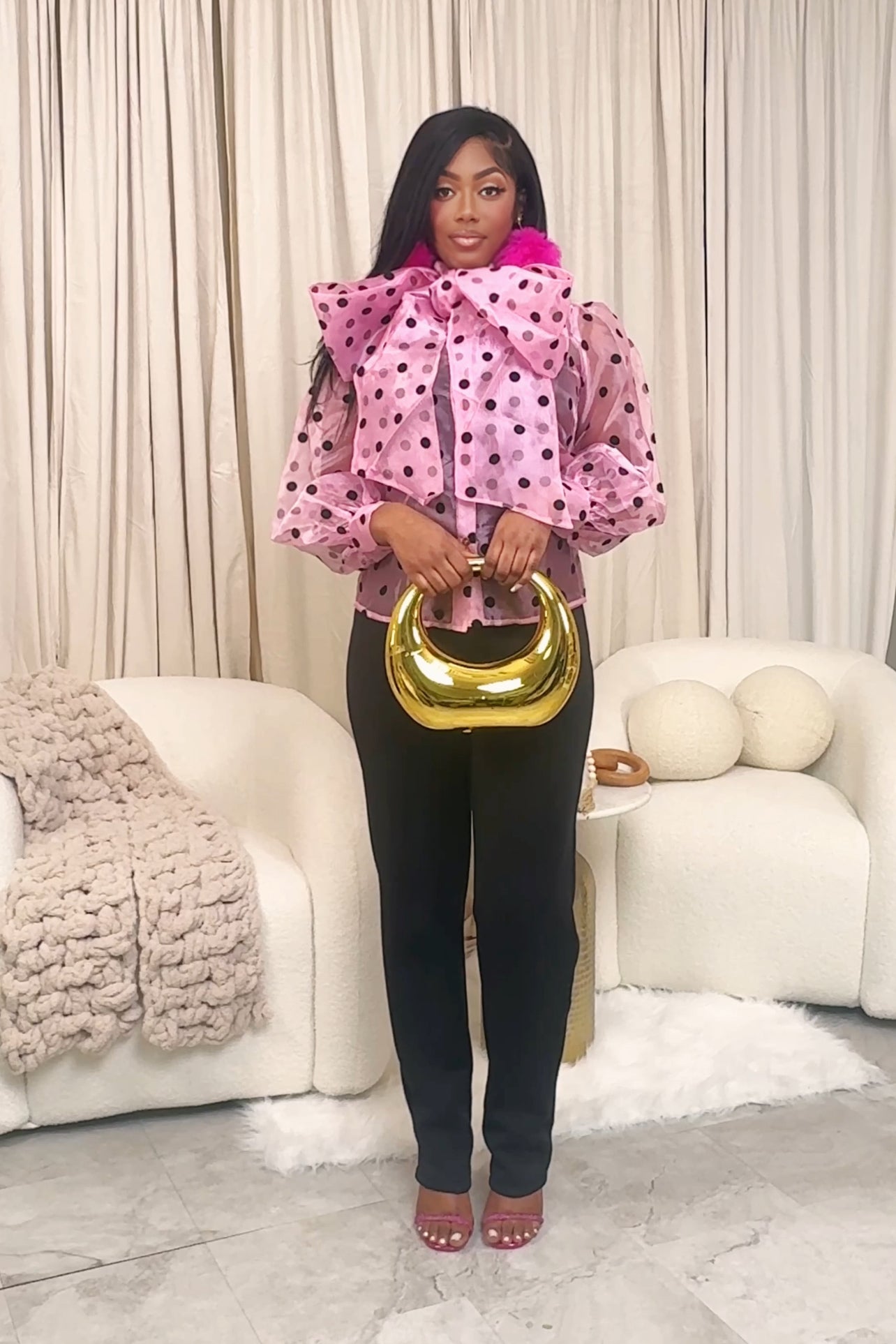 Sheer Pink Polka Dot Oversized Bow Blouse  | The Volume