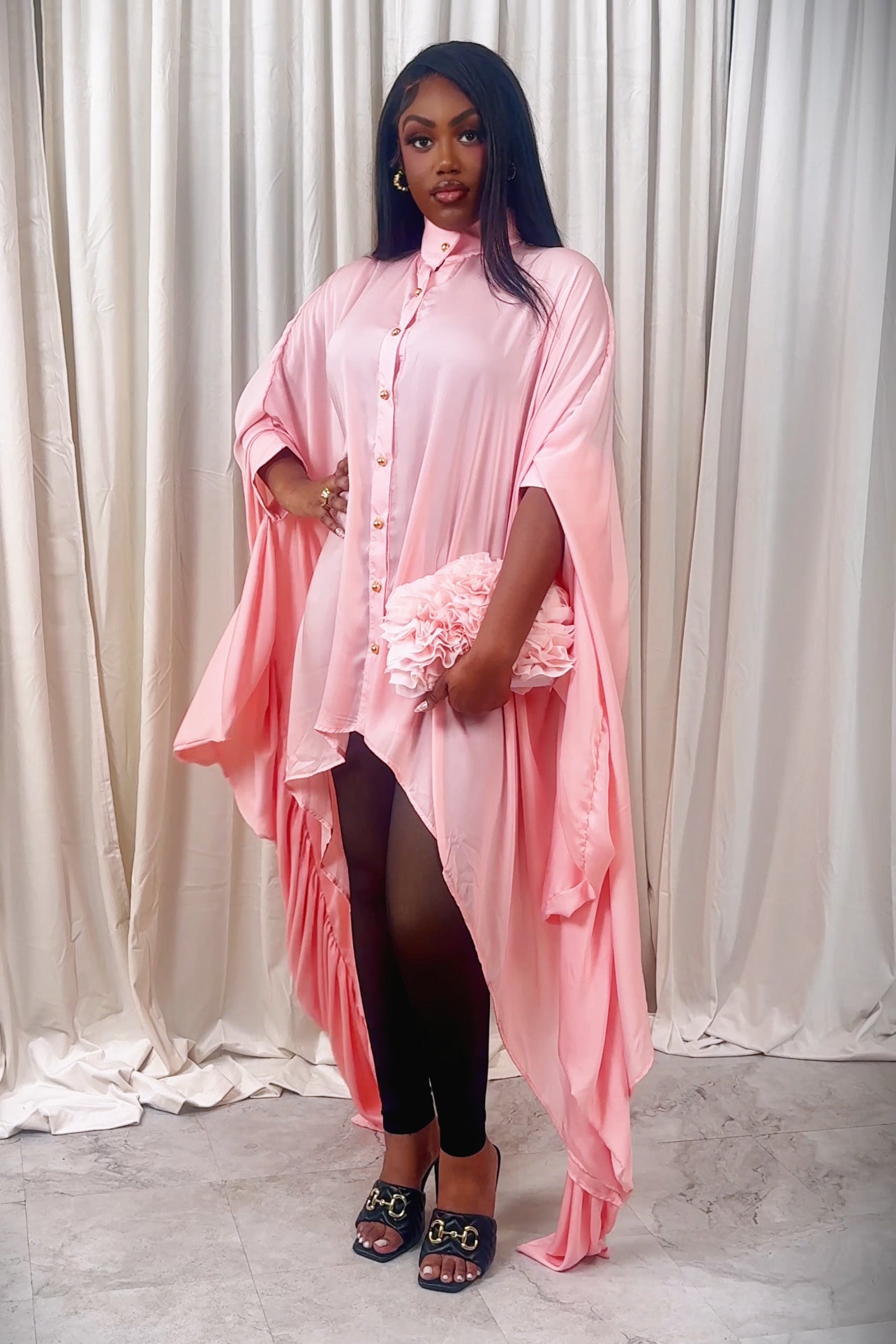 Draped Asymmetrical Cape Sleeve Shirt Dress | Cascade