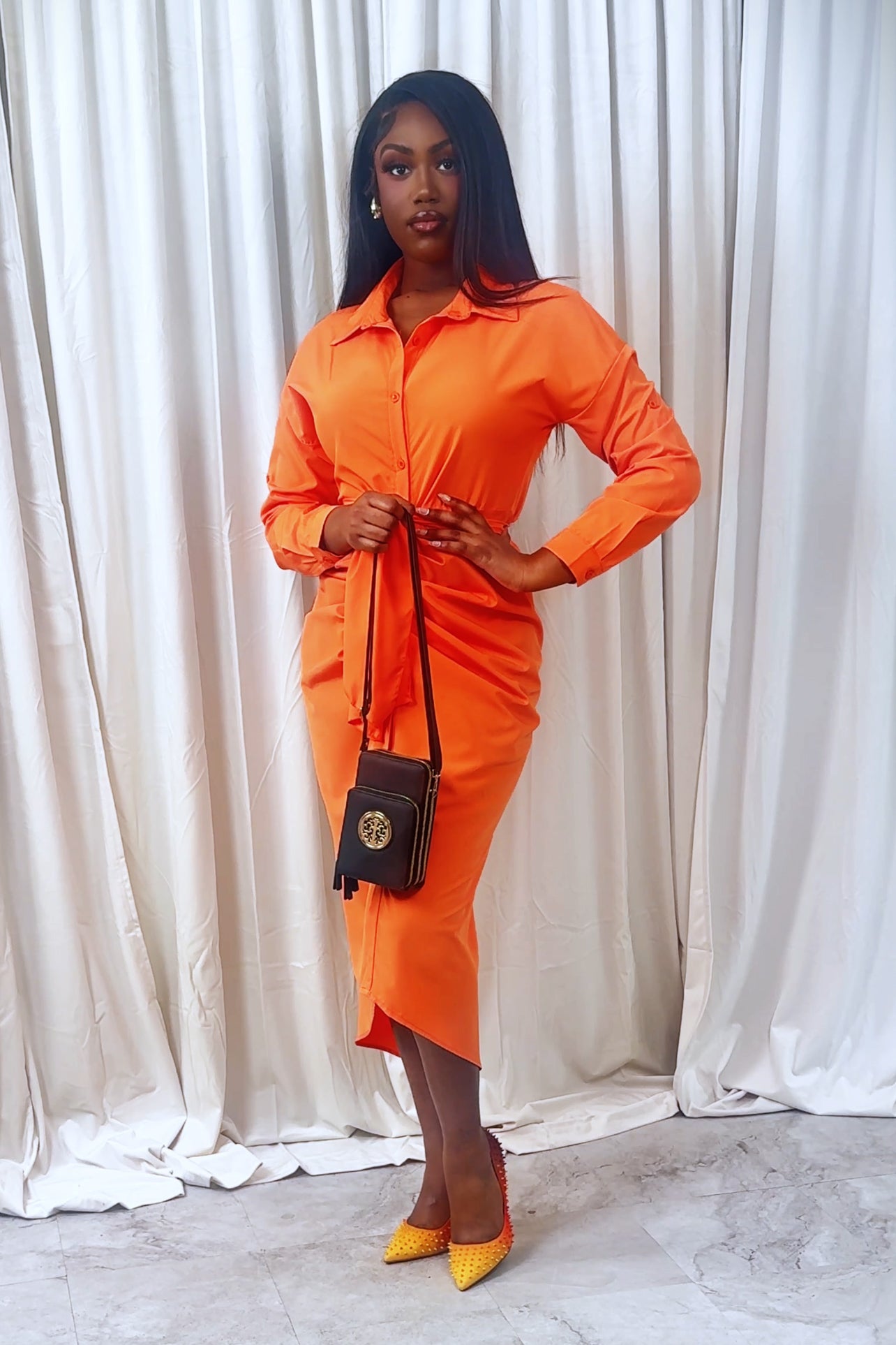 Radiant Orange Ruched Midi Shirt Dress | Eden