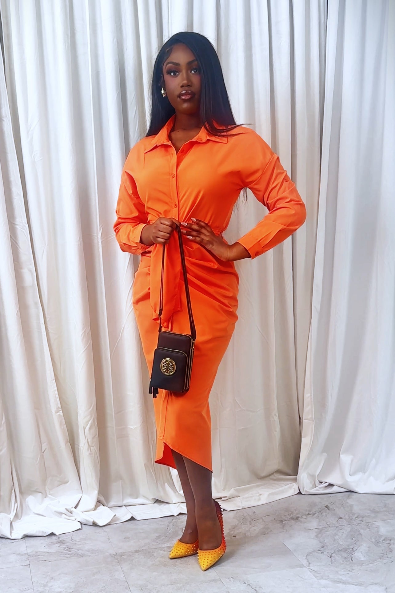 Radiant Orange Ruched Midi Shirt Dress | Eden