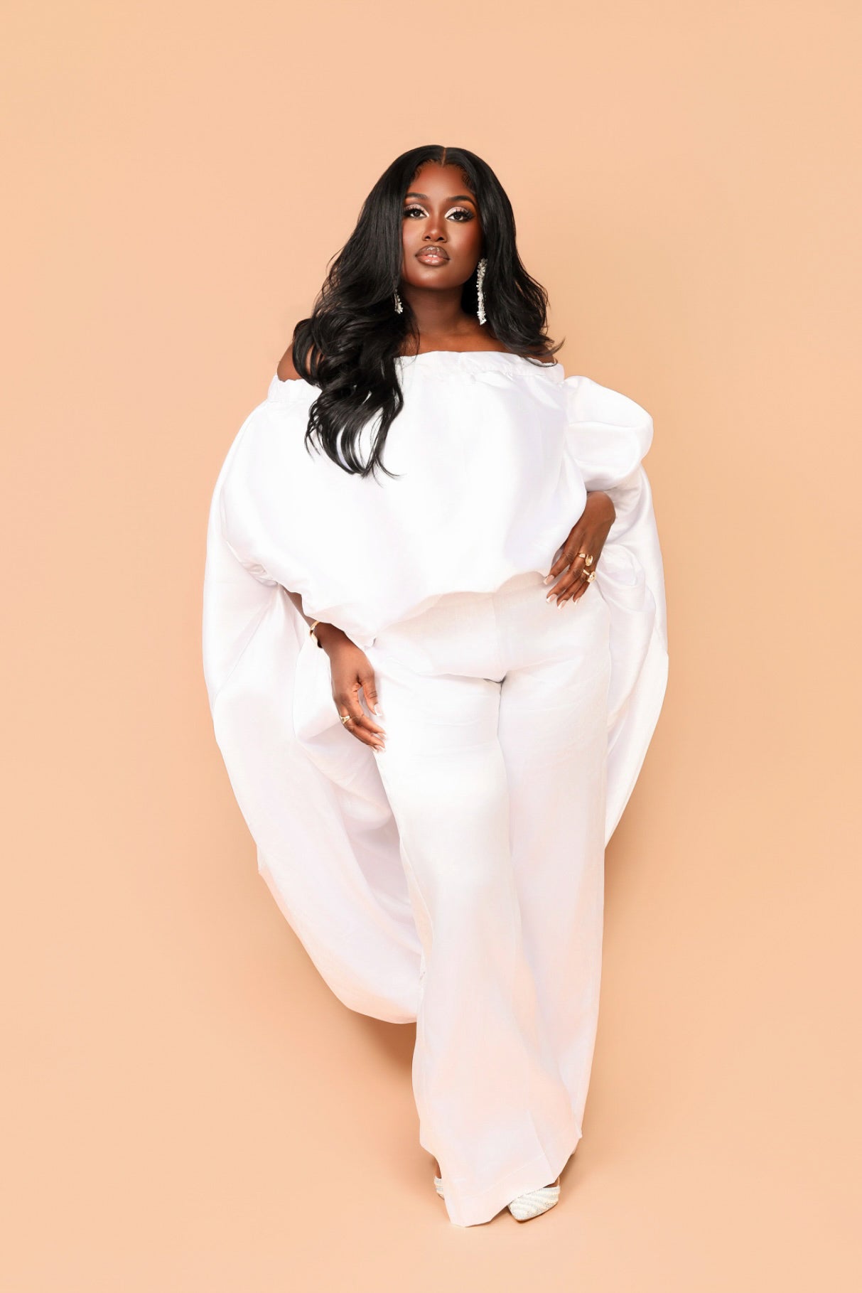 White Cape High Low Top and Wide Leg Pants Set | Purity
